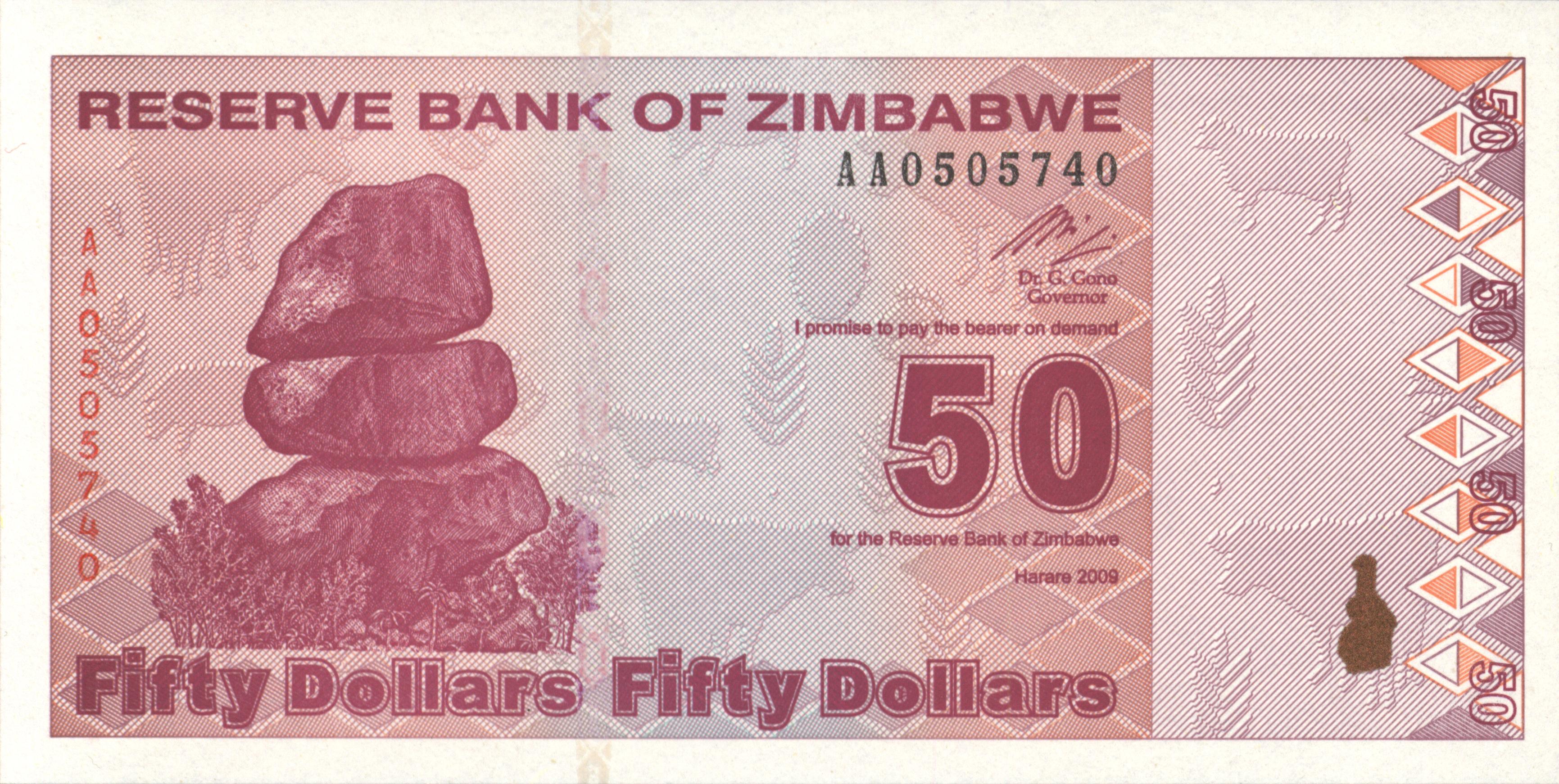 Zimbabwe  P96 50 Dollars 2009