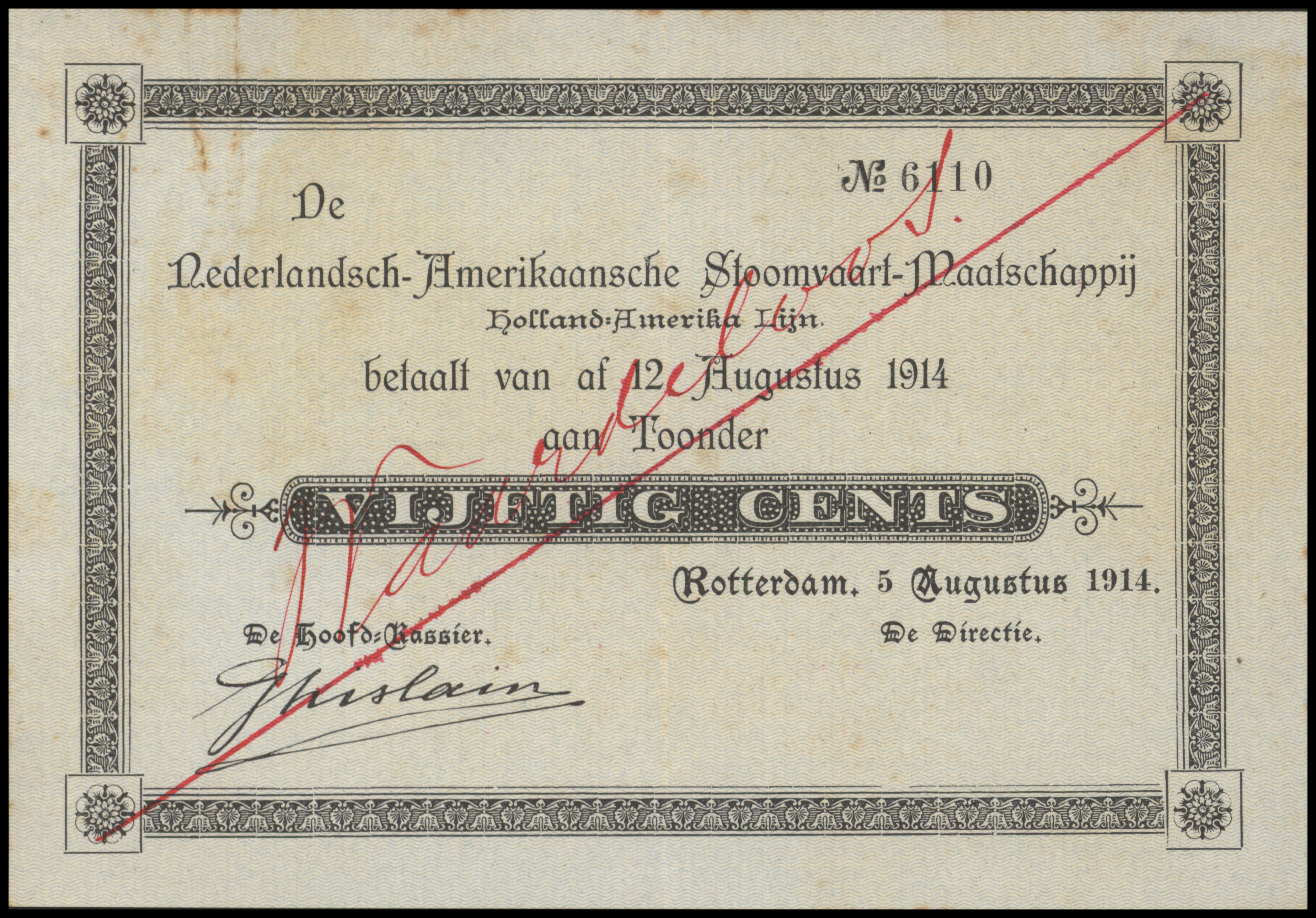 Rotterdam, Nederlandsch-Amerikaansche StoomvaartMij. WO-I - Particulier noodgeld WW-I PL835.1.2.s 50 Cents 1914 SPECIMEN