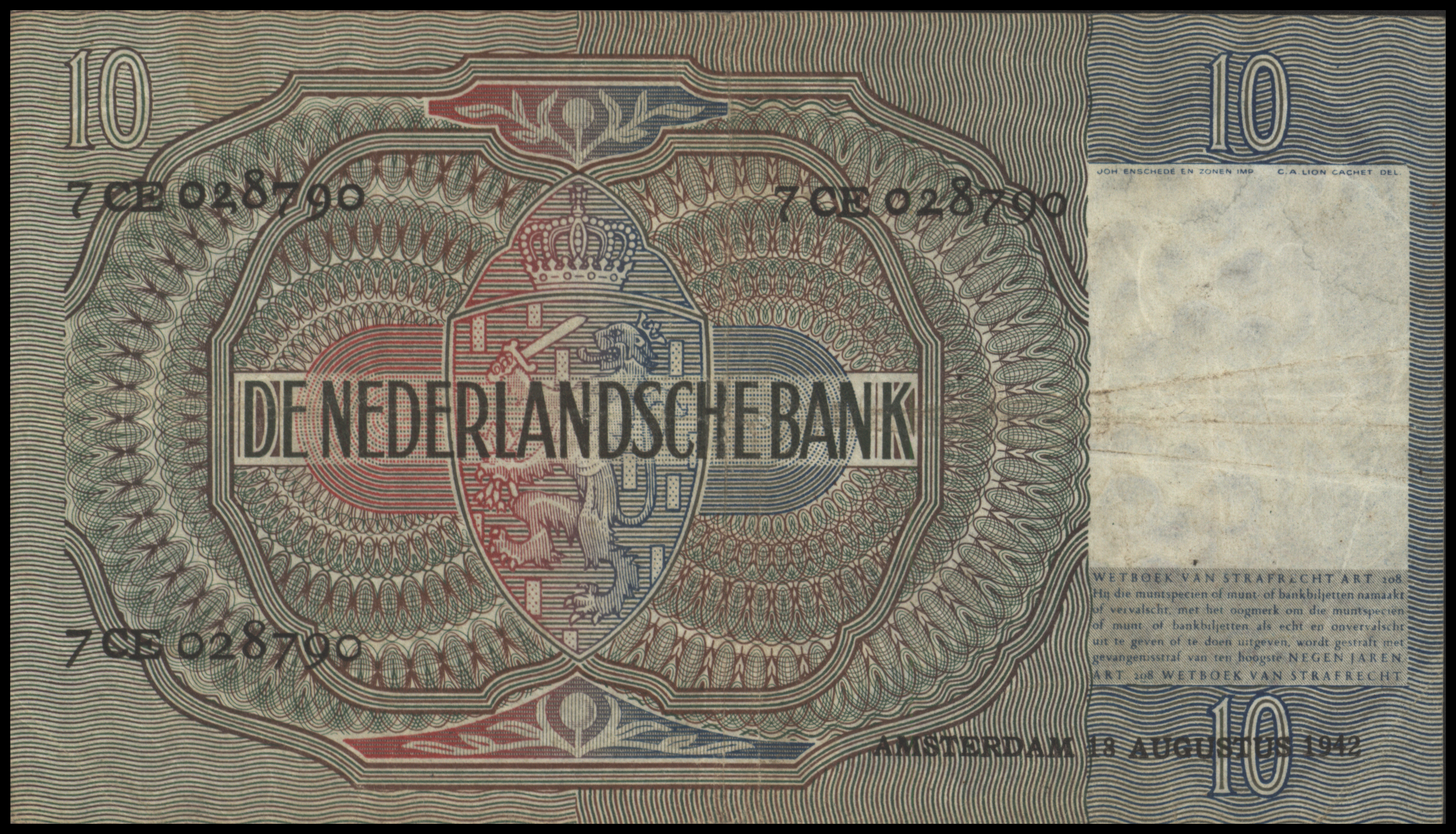 Netherlands  PL38.b 10 Gulden 1942