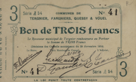 Frankrijk - Noodgeld - Tergnier, Fargniers, Quessy & Vouel JPV-02.2244 3 Francs 1914