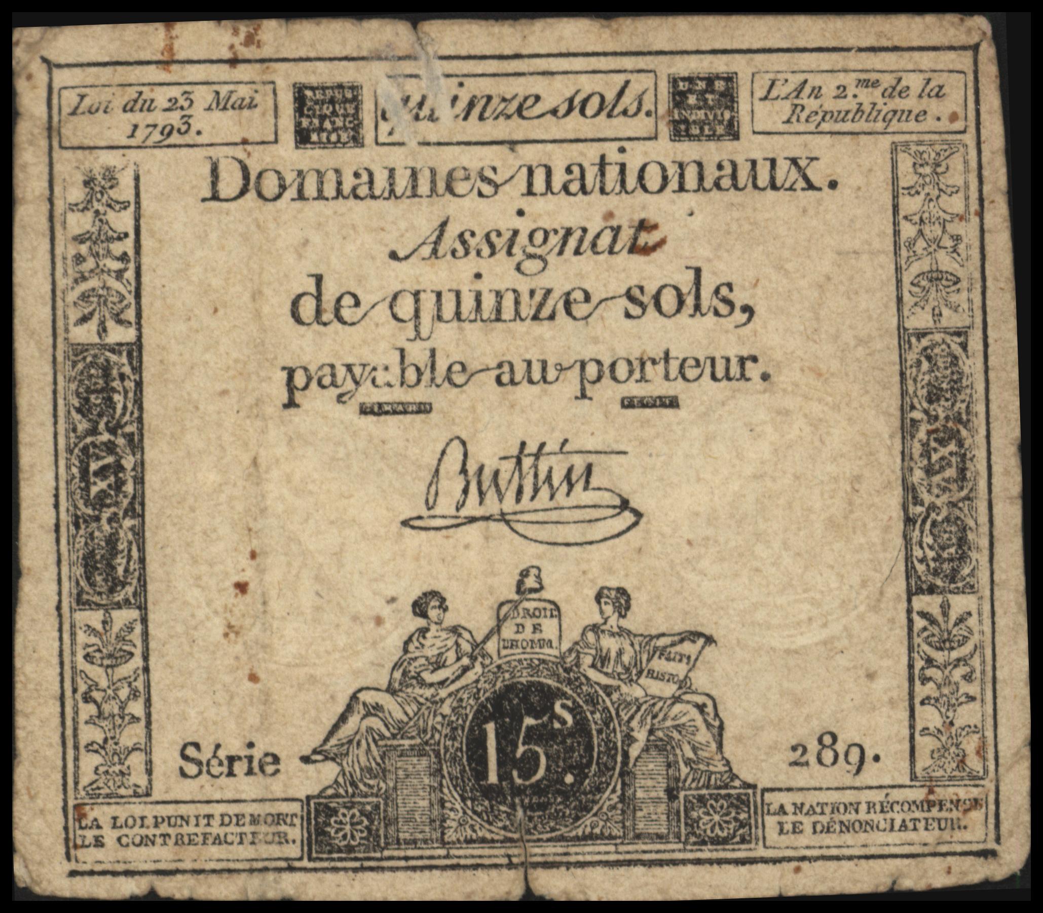 Frankrijk - Domaines Nationaux  PA69.b BUTTIN 15 Sols 1793