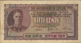 Ceylon  P45.a 50 Cents 1942