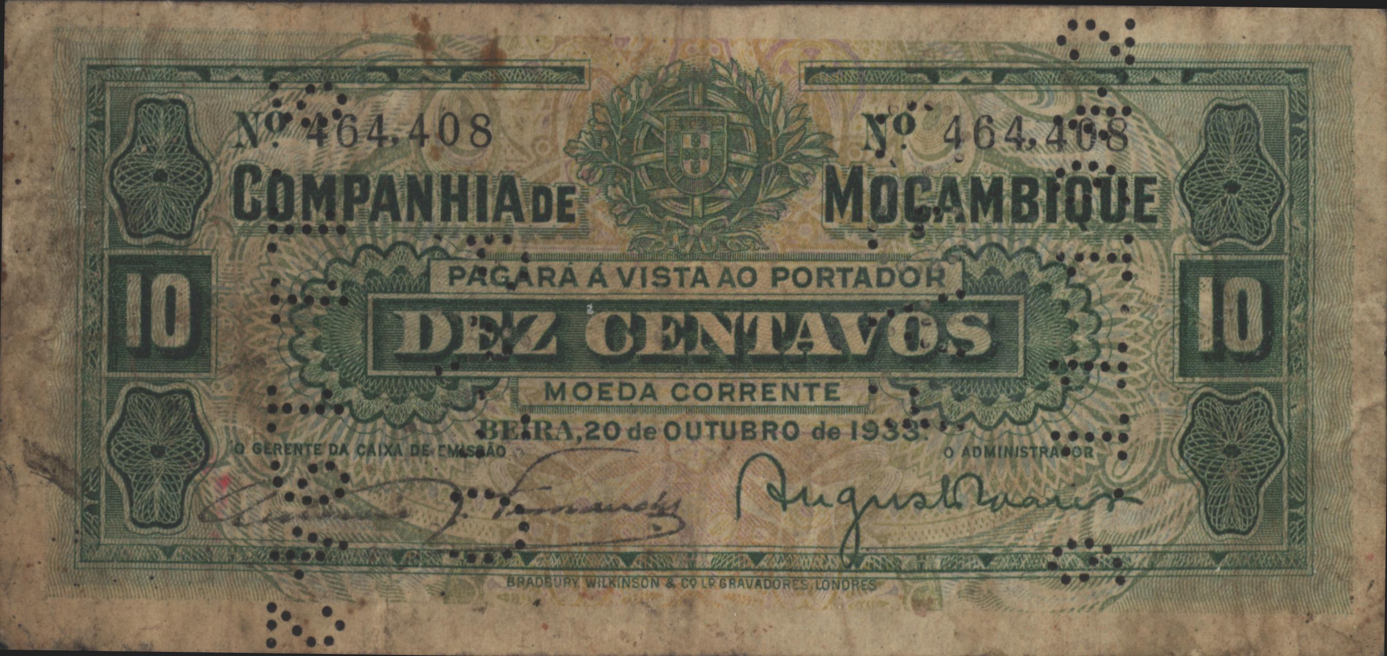 Moçambique - COMPANHIA DE MOÇAMBIQUE, BEIRA  PR28 10 Centavos 1933 GEANNULEERD