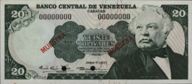 Venezuela  P53 20 Bolivares 1977 SPECIMEN