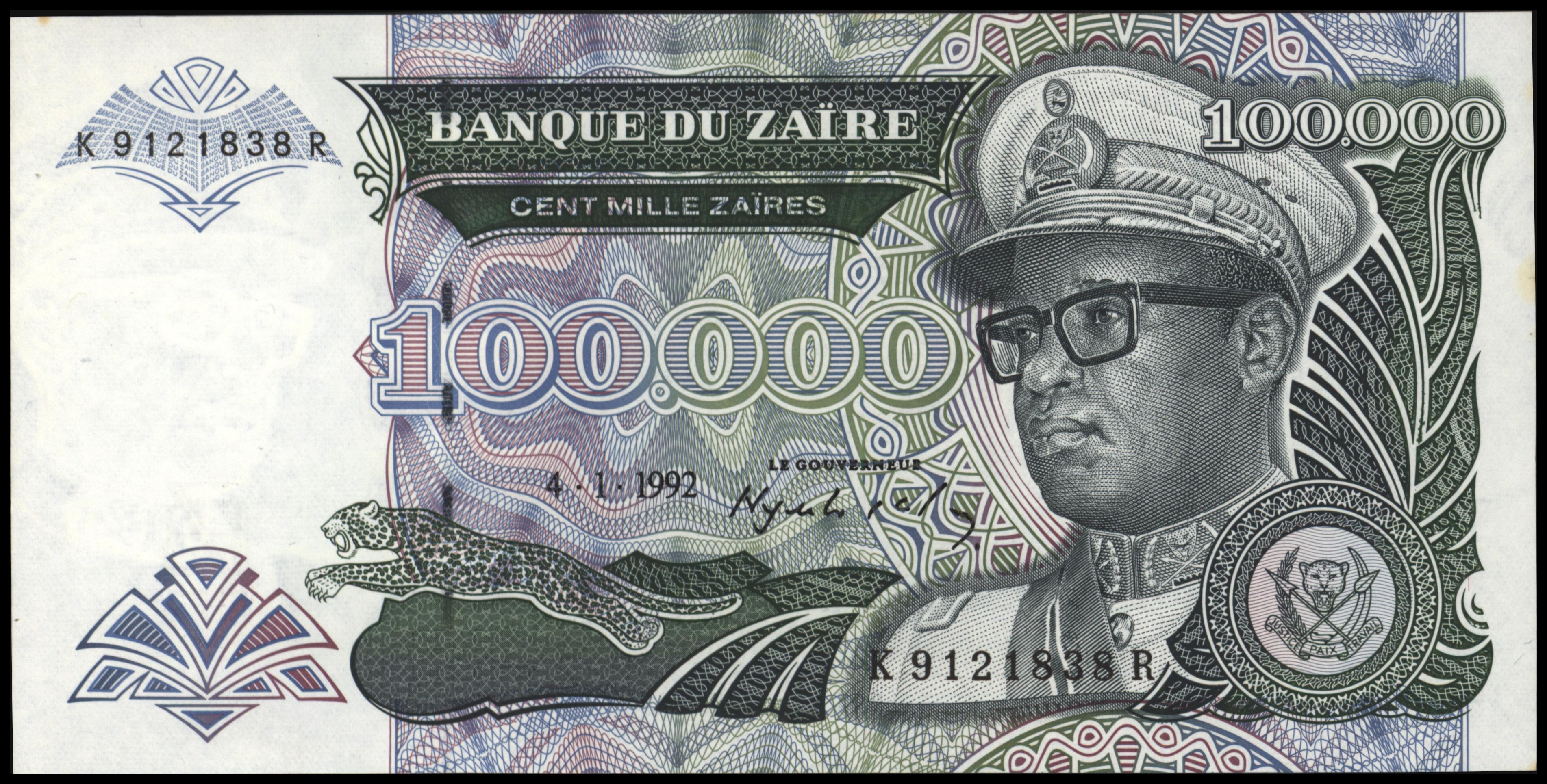 Zaïre (Congo Kinshasa)  P41 100.000 Zaïres 1992