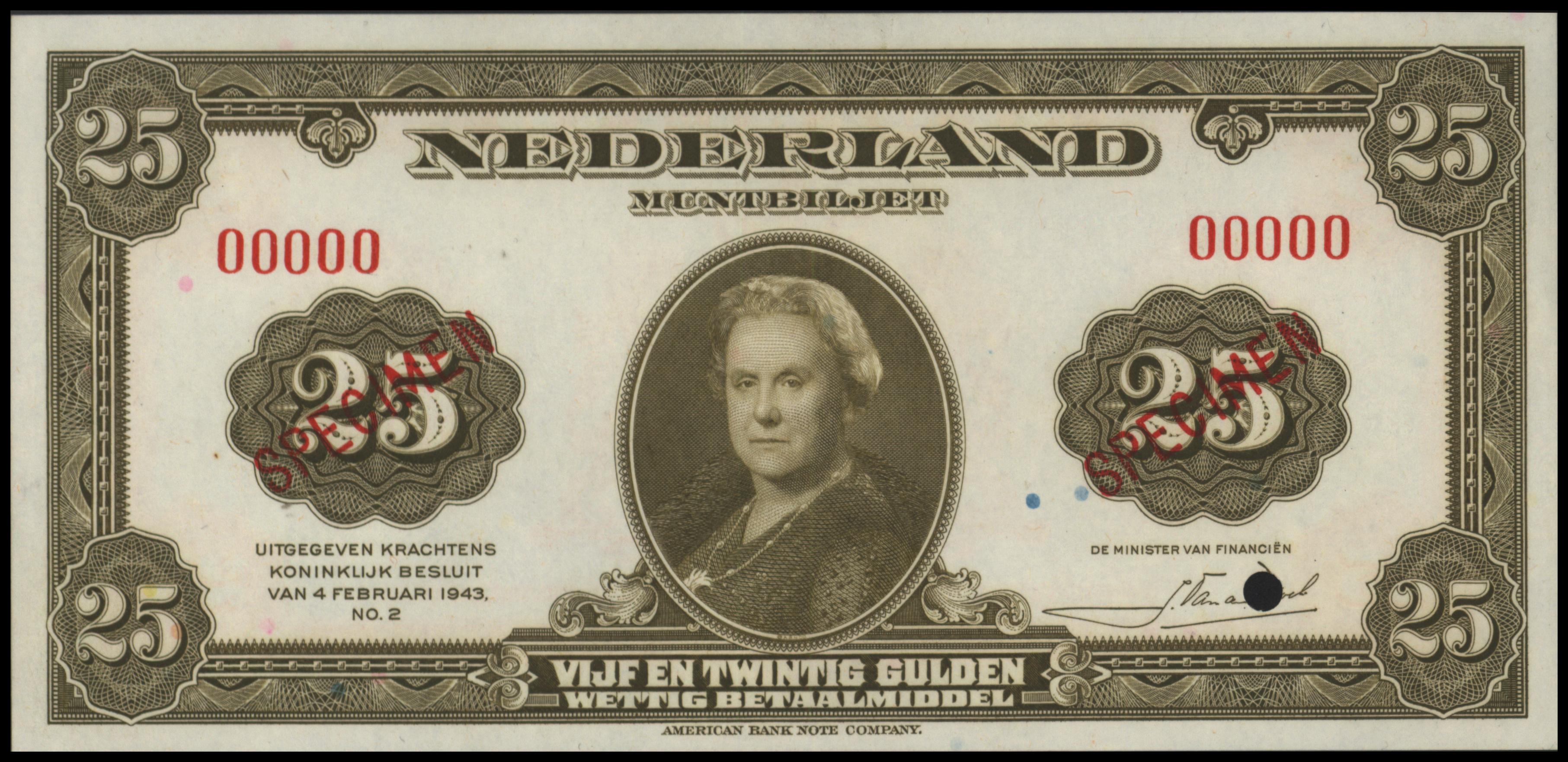Netherlands - Muntbiljet  PL64.s1 25 Gulden 1943 SPECIMEN