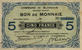 België - Noodgeld - Blandain  5 Francs 1914