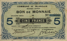 Belgium - Emergency issues - Blandain  5 Francs 1914