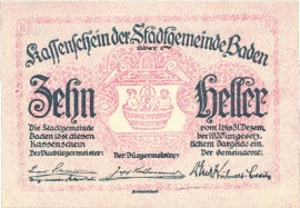 Austria - Emergency issues - Baden 10 Heller 1-31 Dezember 1920 UNC