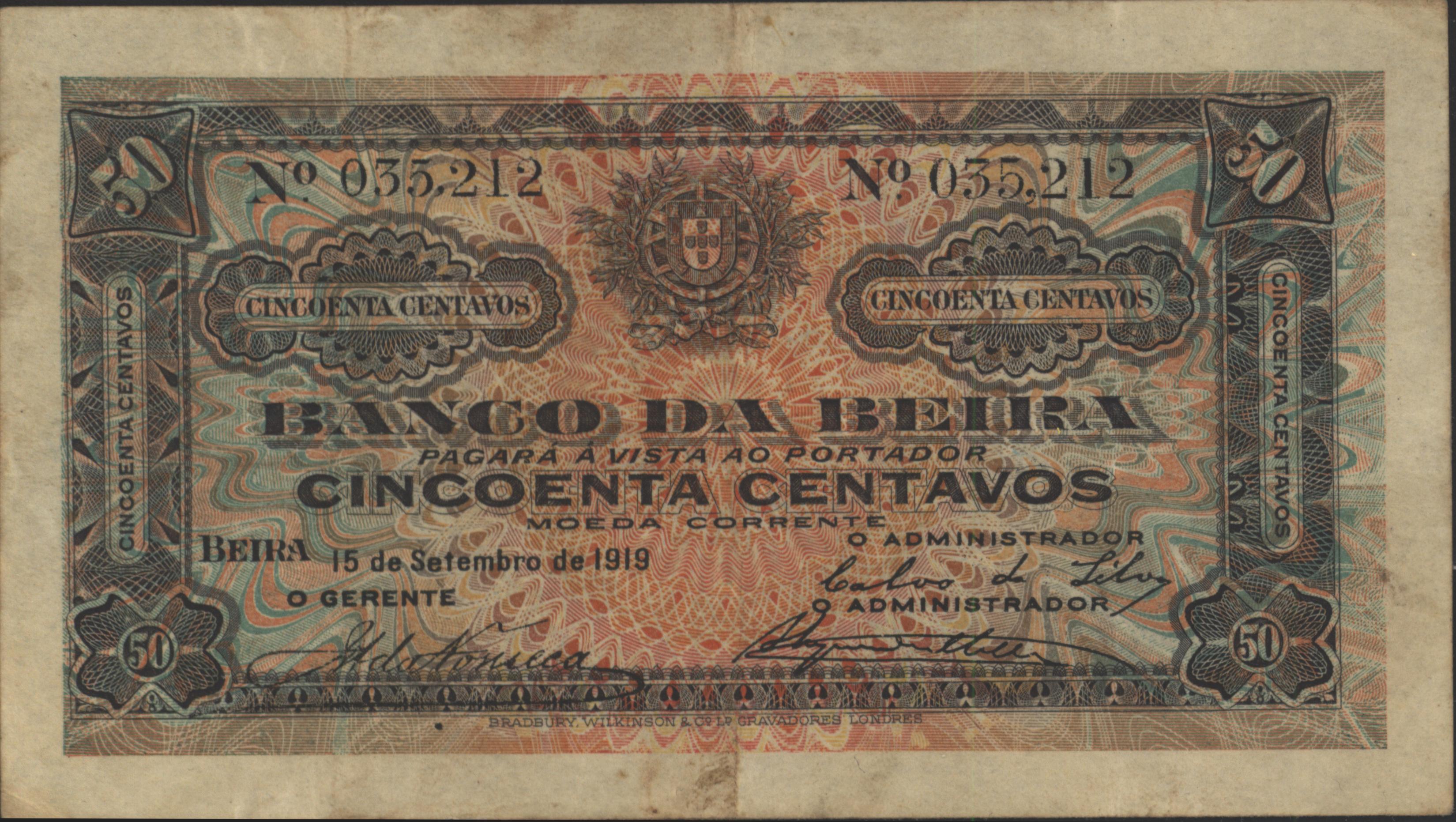 Moçambique - BANCO DA BEIRA   PR3.a 50 Centavos 1919