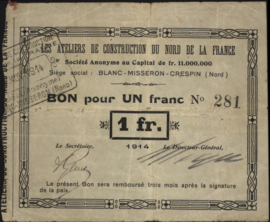 Frankrijk - Noodgeld - Blanc-Misseron-Crespin JPV-59.360 1 Franc 1914