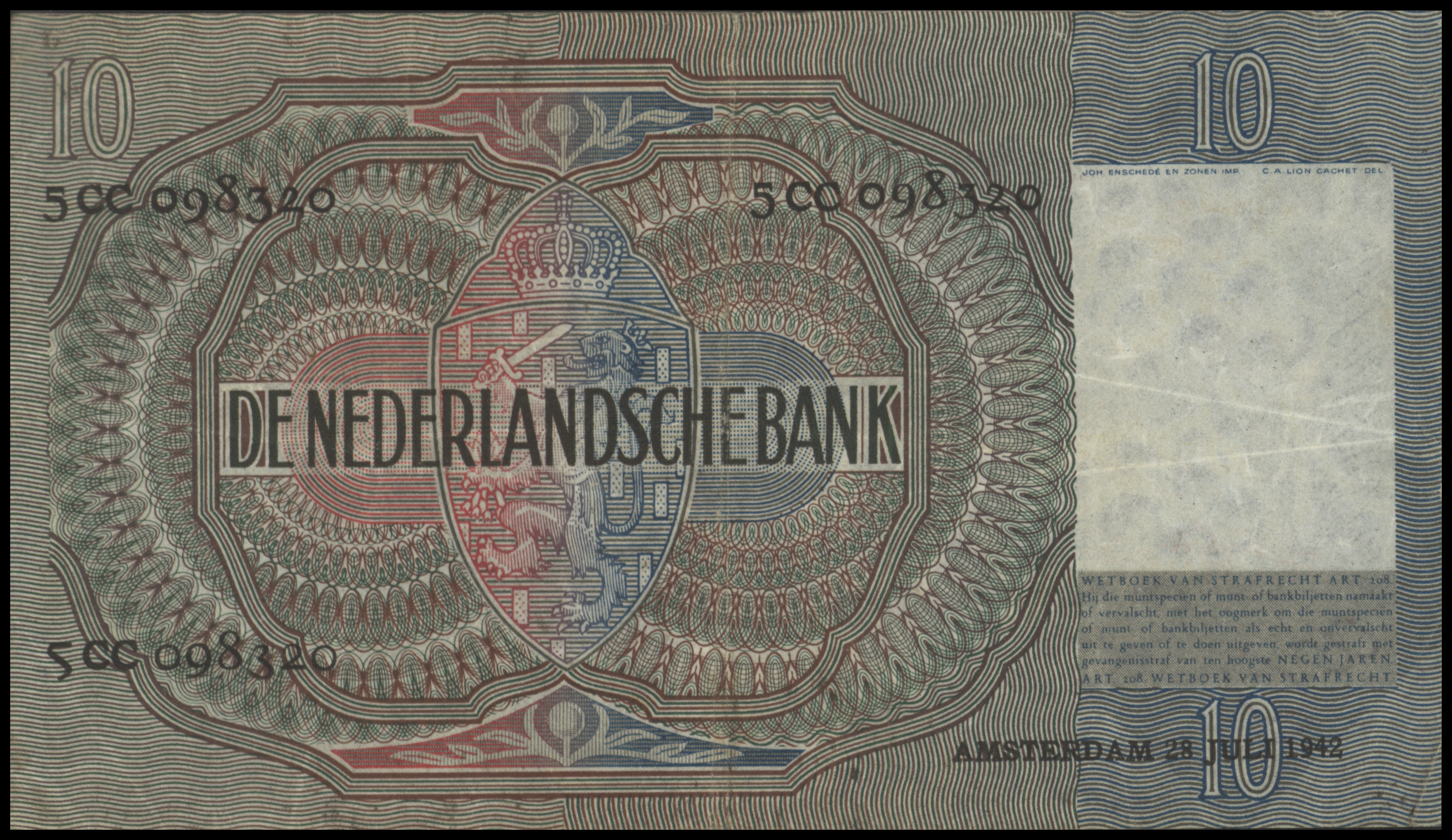 Netherlands  PL38.b 10 Gulden 1942