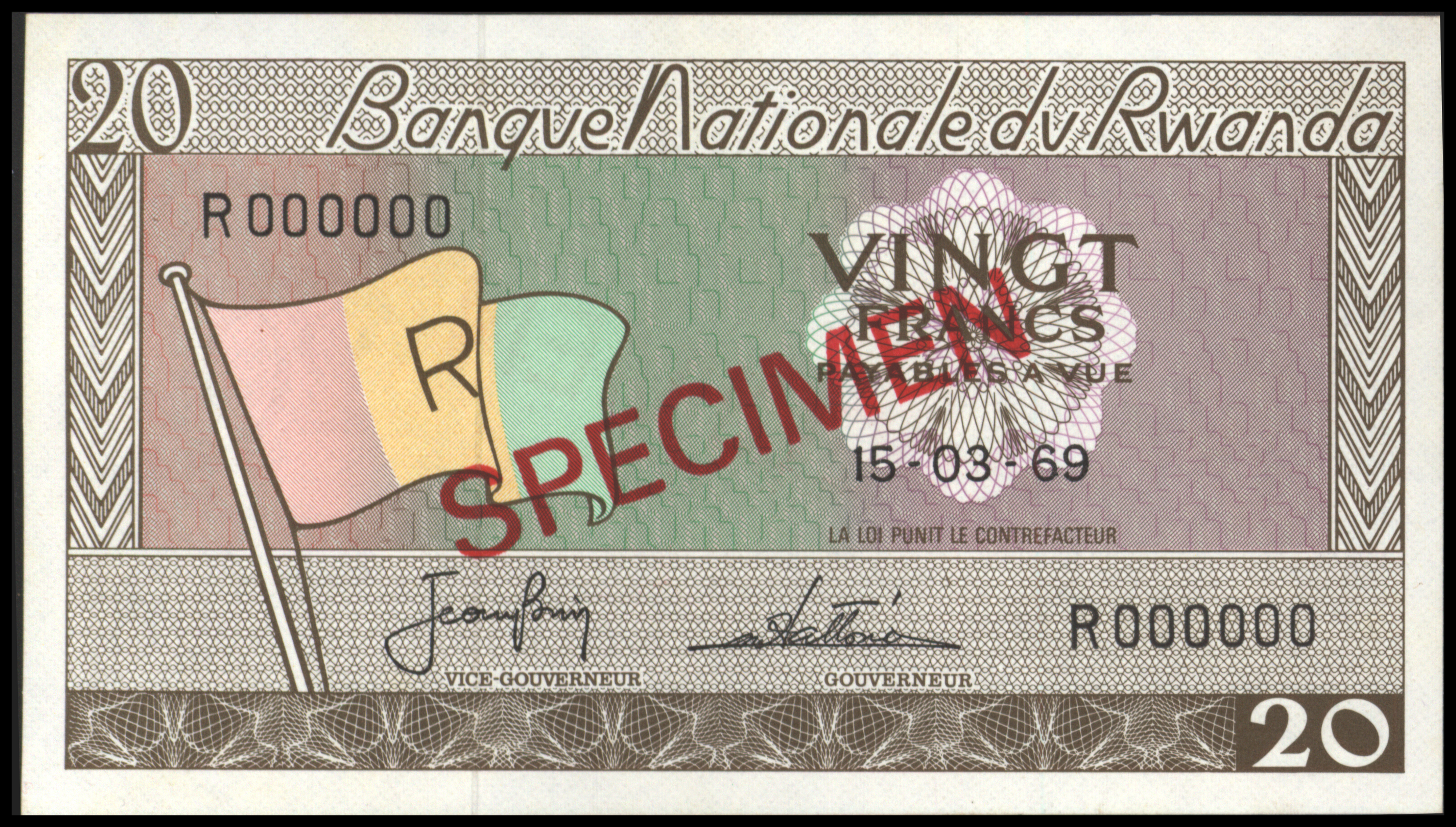 Rwanda   P6.s1 20 Francs 1969 SPECIMEN