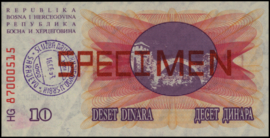 Bosnia-Herzegovina  P10.s 10 Dinara 1992 SPECIMEN