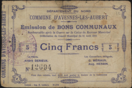 France - Emergency - Avesnes JPV-59.178 5 Francs 1915