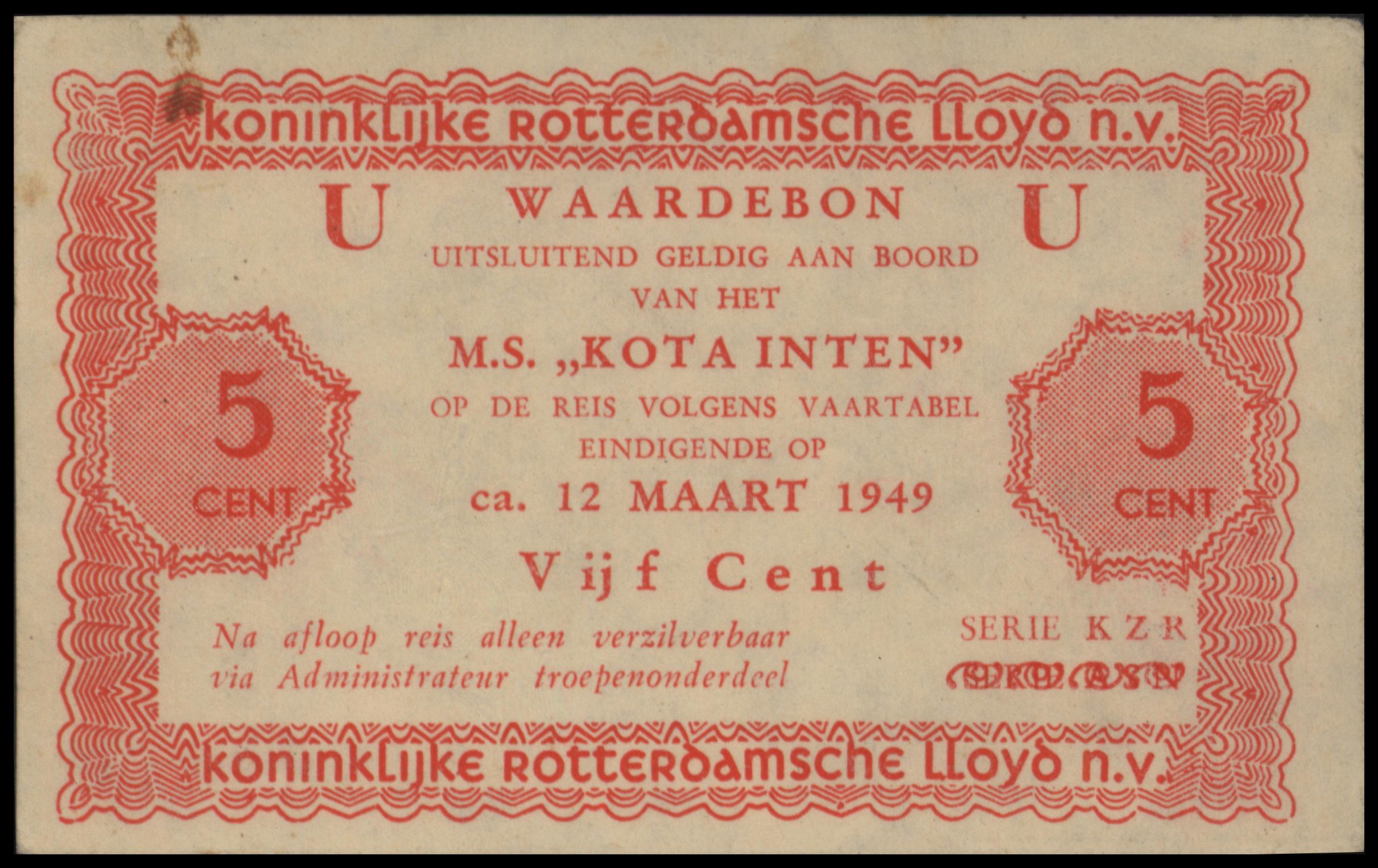 Koninklijke Rotterdamsche Lloyd: S.S. "Kota Inten" PL1613.1a U 5 Cent 1949