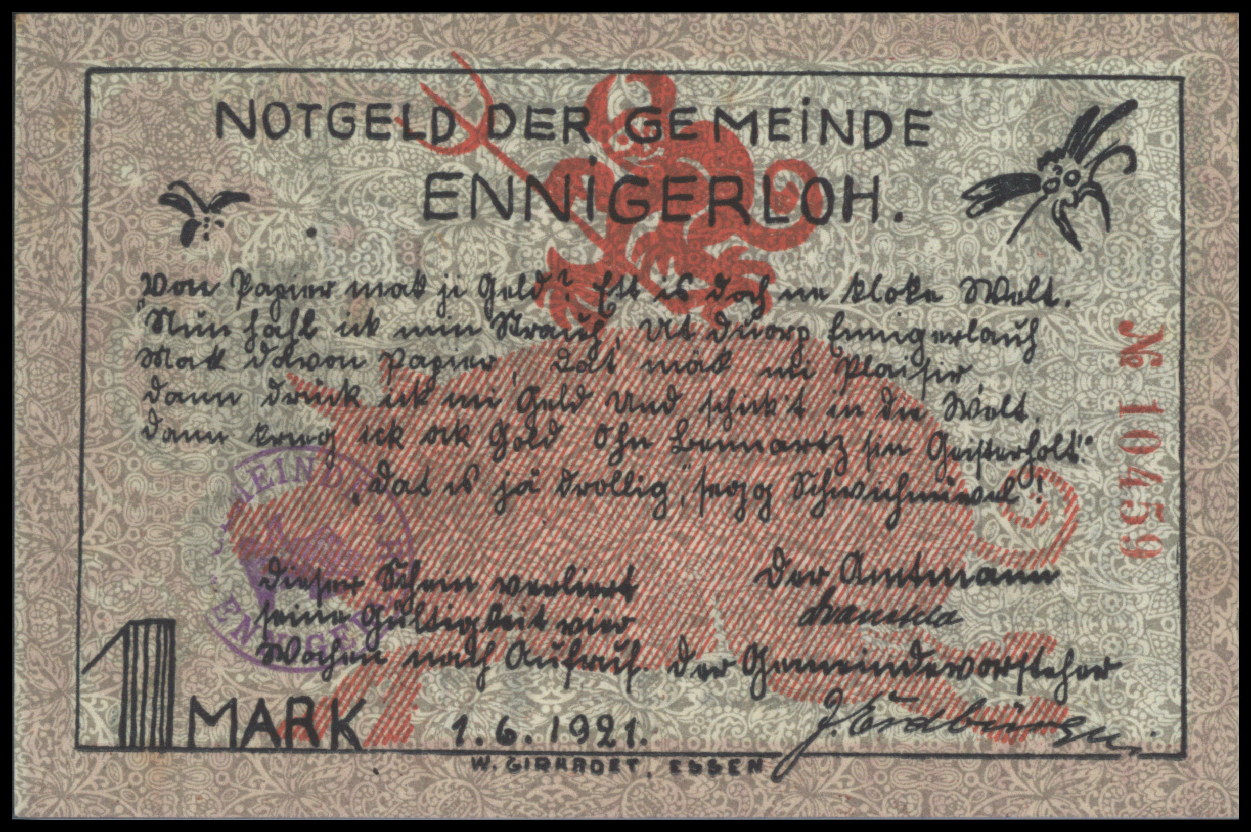 Duitsland - Noodgeld - Ennigerloh - (Wfl / NW) Gemeinde Grab/Mehl.:338.1.a.2 1 Mark 1921
