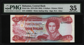 Bahamas  P44 3 Dollar 1974 PMG35
