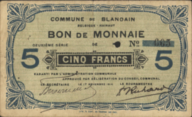 België - Noodgeld - Commune de Blandain  AB.BL12 5 Francs 1914 GEANNULEERD