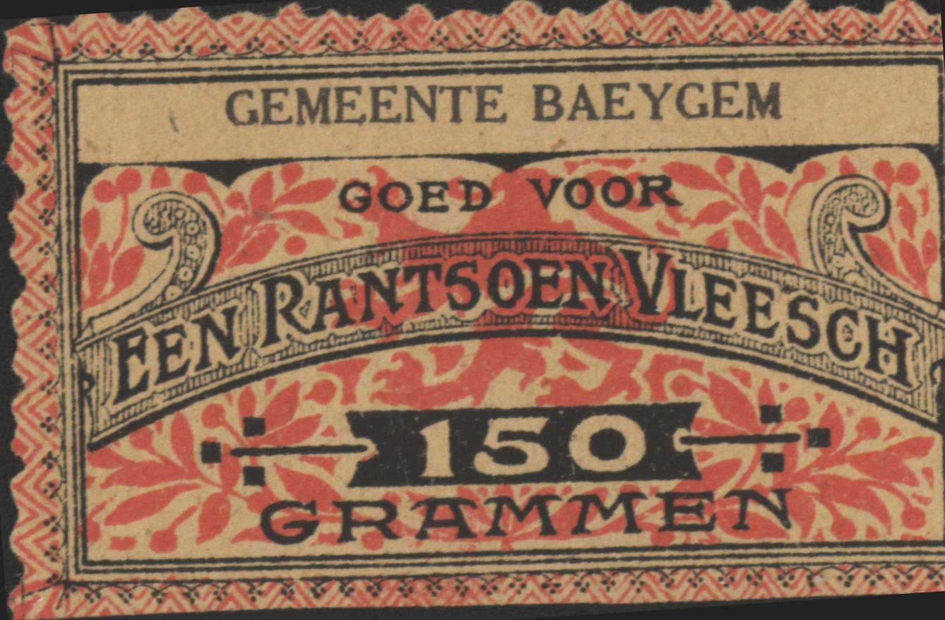 België - Noodgeld - Baeygem - Een rantsoen vleesch   NL0.Rood op chamoise 150 Grammen 1914-'18 (No date)