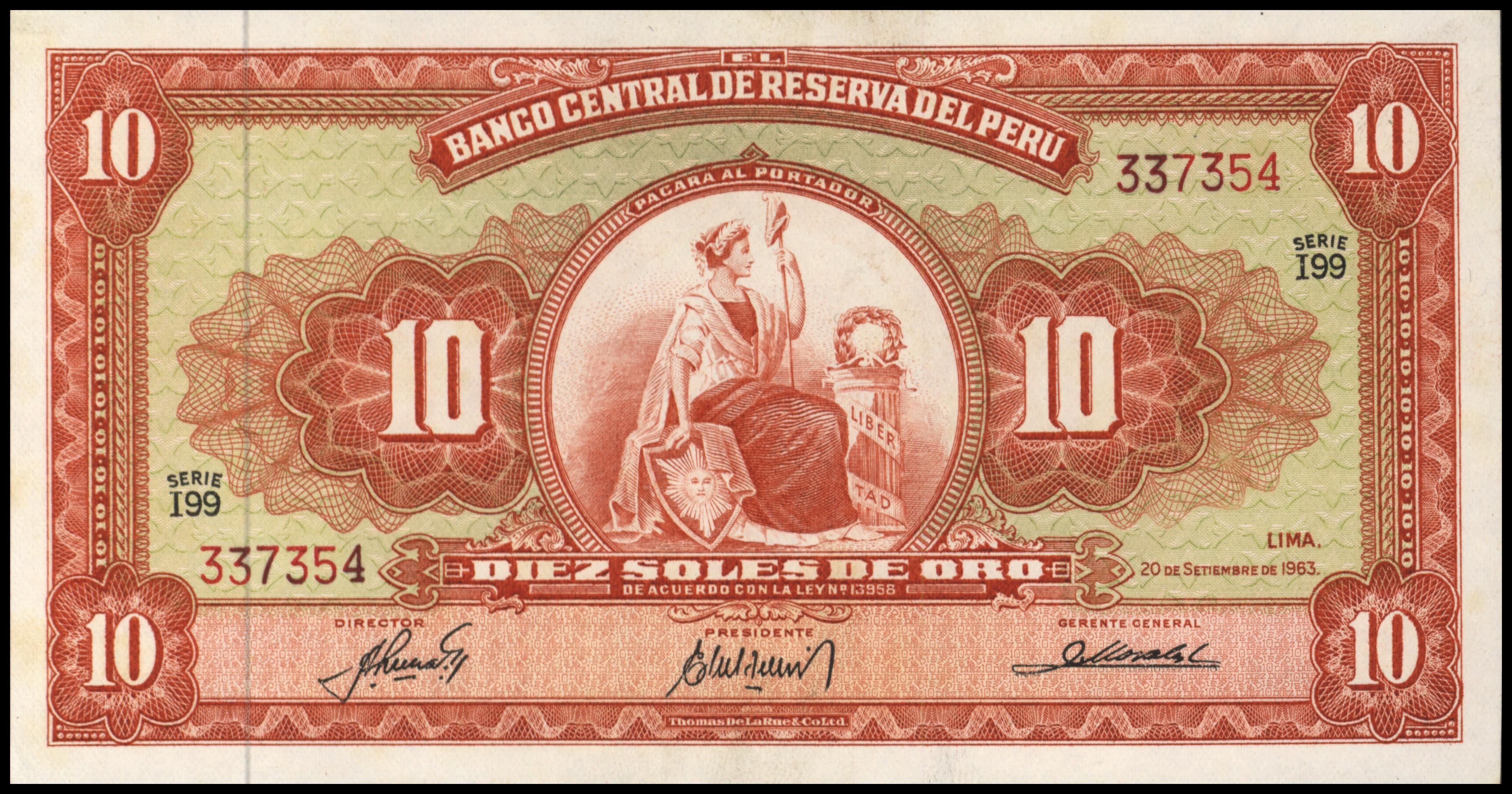 Peru  P84.a 10 Soles de oro 1963