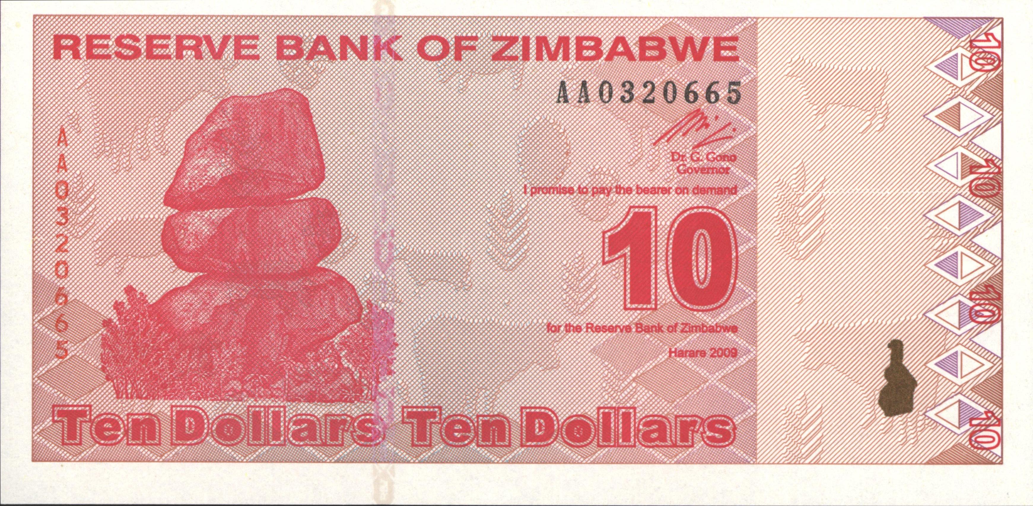 Zimbabwe - 2009 Issues.  P94 10 Dollars 2009