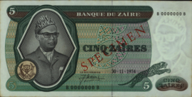 Zaïre (Congo Kinshasa)  P21 5 Zaïres 1974 SPECIMEN