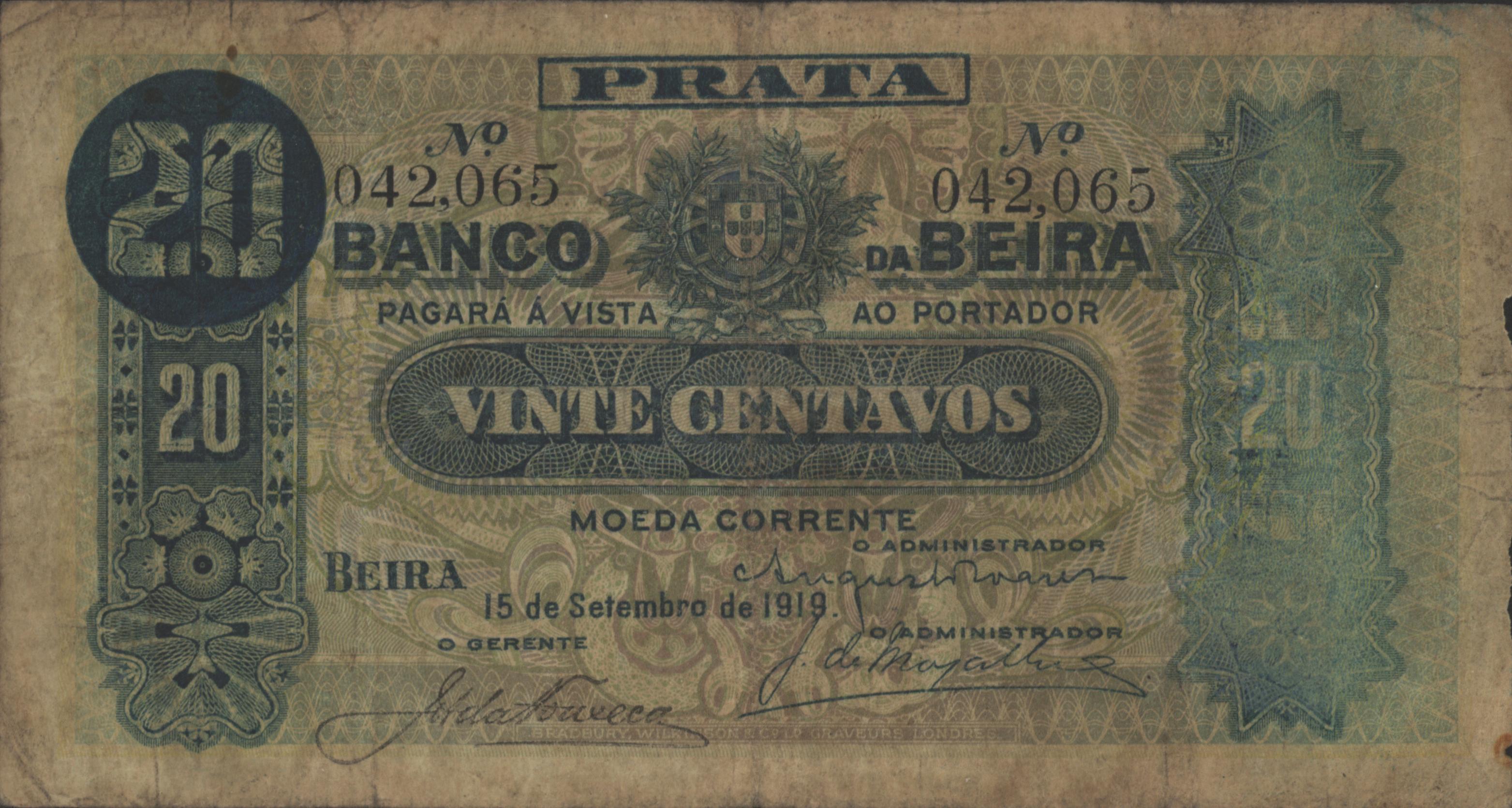 Moçambique - BANCO DA BEIRA   PR2.a 20 Centavos 1919