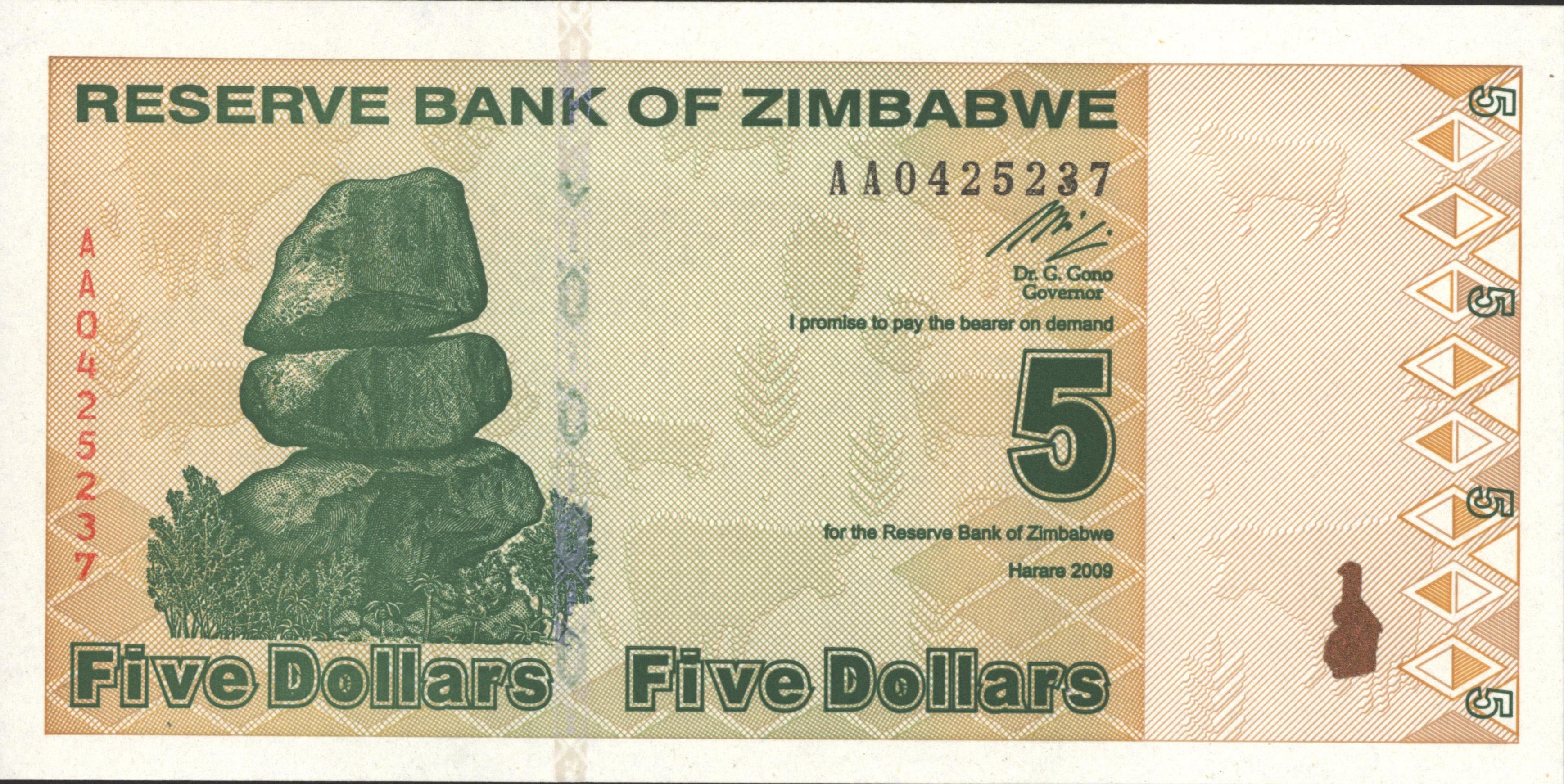Zimbabwe  P93 5 Dollars 2009