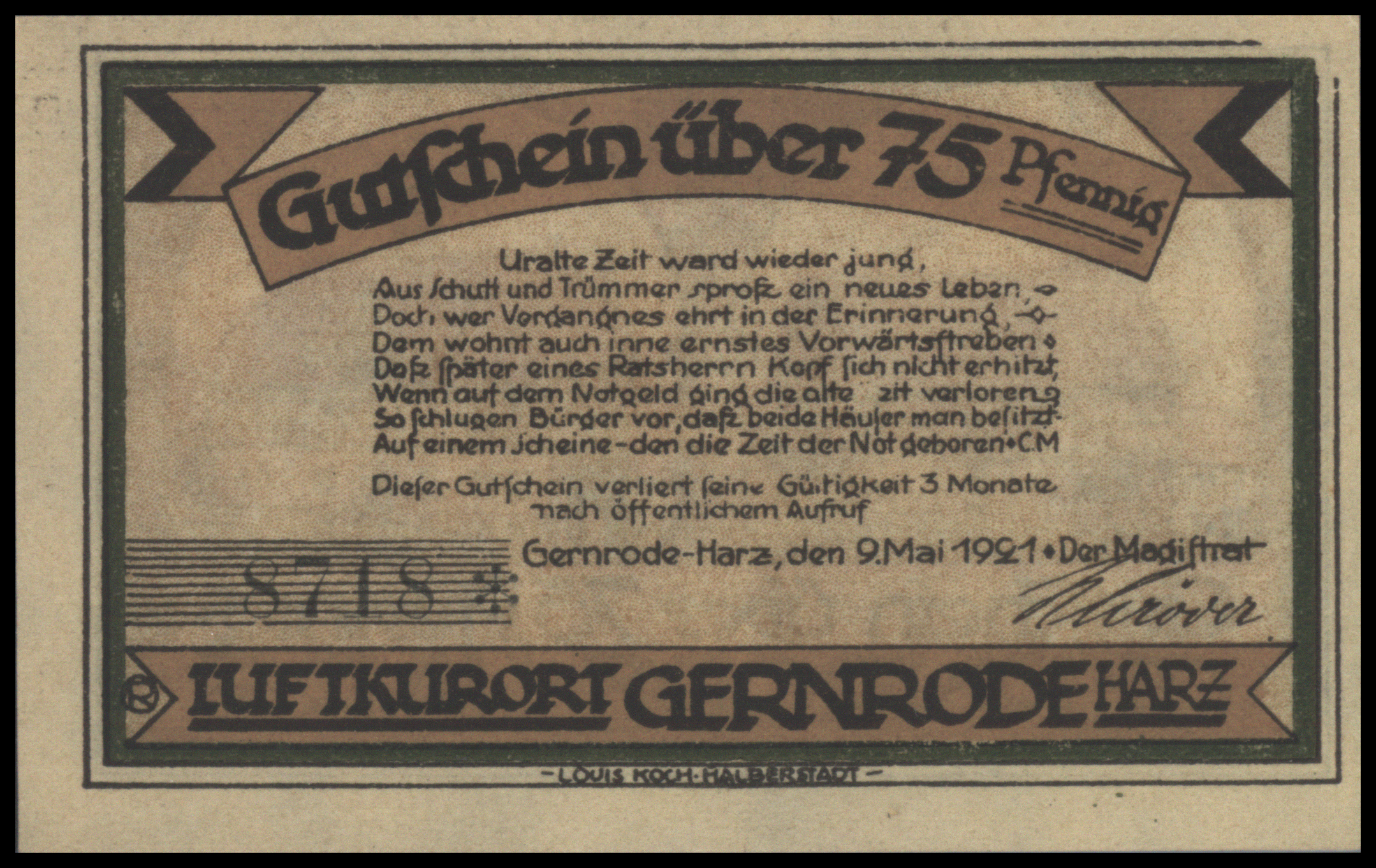 Duitsland - Noodgeld - Gernrode - a. H. (Anh / SA) Stadt Grab/Mehl.:423.2.a1 75 Pfennig 1921