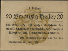 Oostenrijk - Noodgeld - Waxenberg KK. 1144 20 Heller 1920