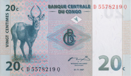 Congo Democratic Republic (Kinshasa)  P83 20 Centimes 1997
