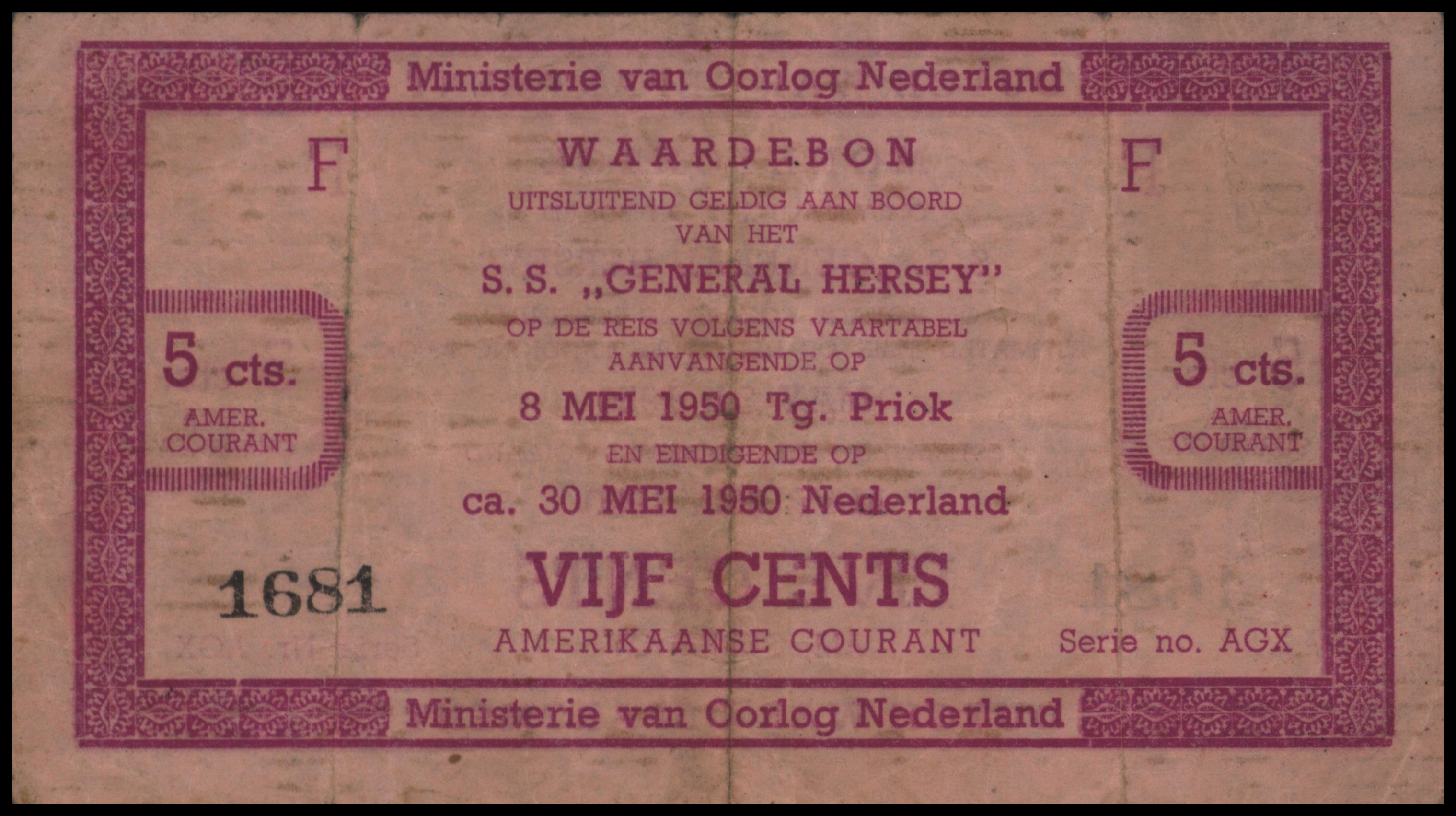 Ministerie van Oorlog Nederland: S.S. "General Hersey" - Amerikaanse courant PL1695.1 5 Cent 1950