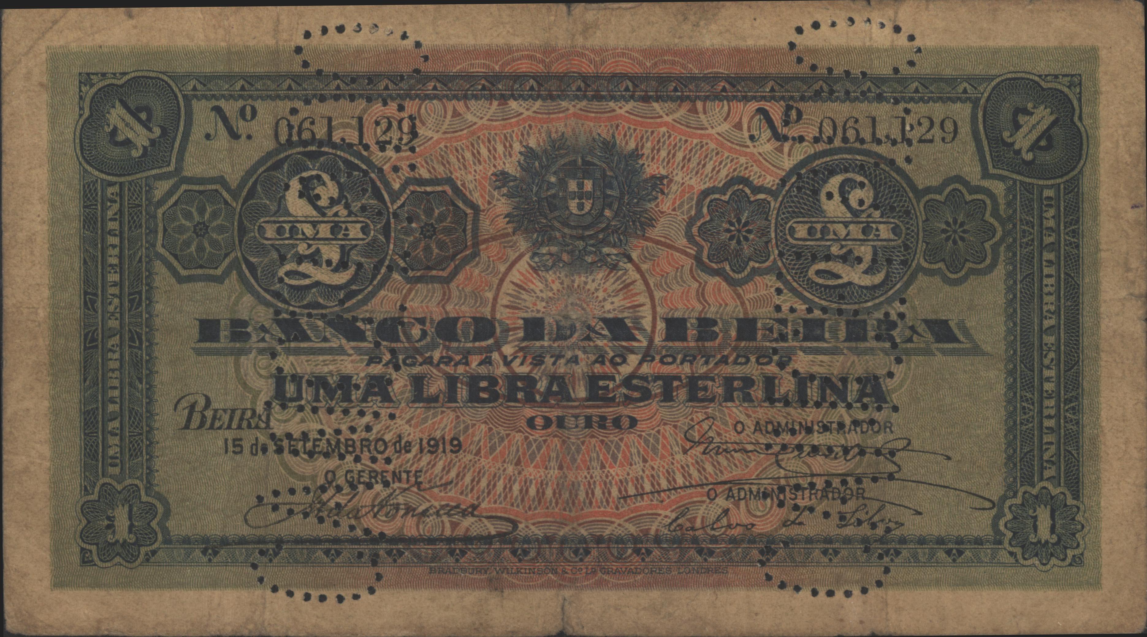 Moçambique - BANCO DA BEIRA   PR6.c 1 Libra 1919 GEANNULEERD