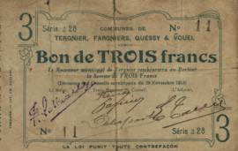 Frankrijk - Noodgeld - Tergnier, Fargniers, Quessy & Vouel JPV-02.2244 3 Francs 1914