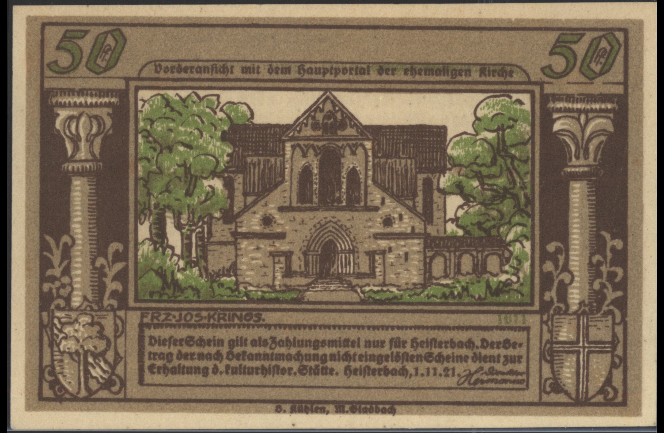 Duitsland - Noodgeld - Heisterbach - (Rhl/NW) Direktor Hermanns Grab/Mehl.:593.2.3 50 Pfennig 1921
