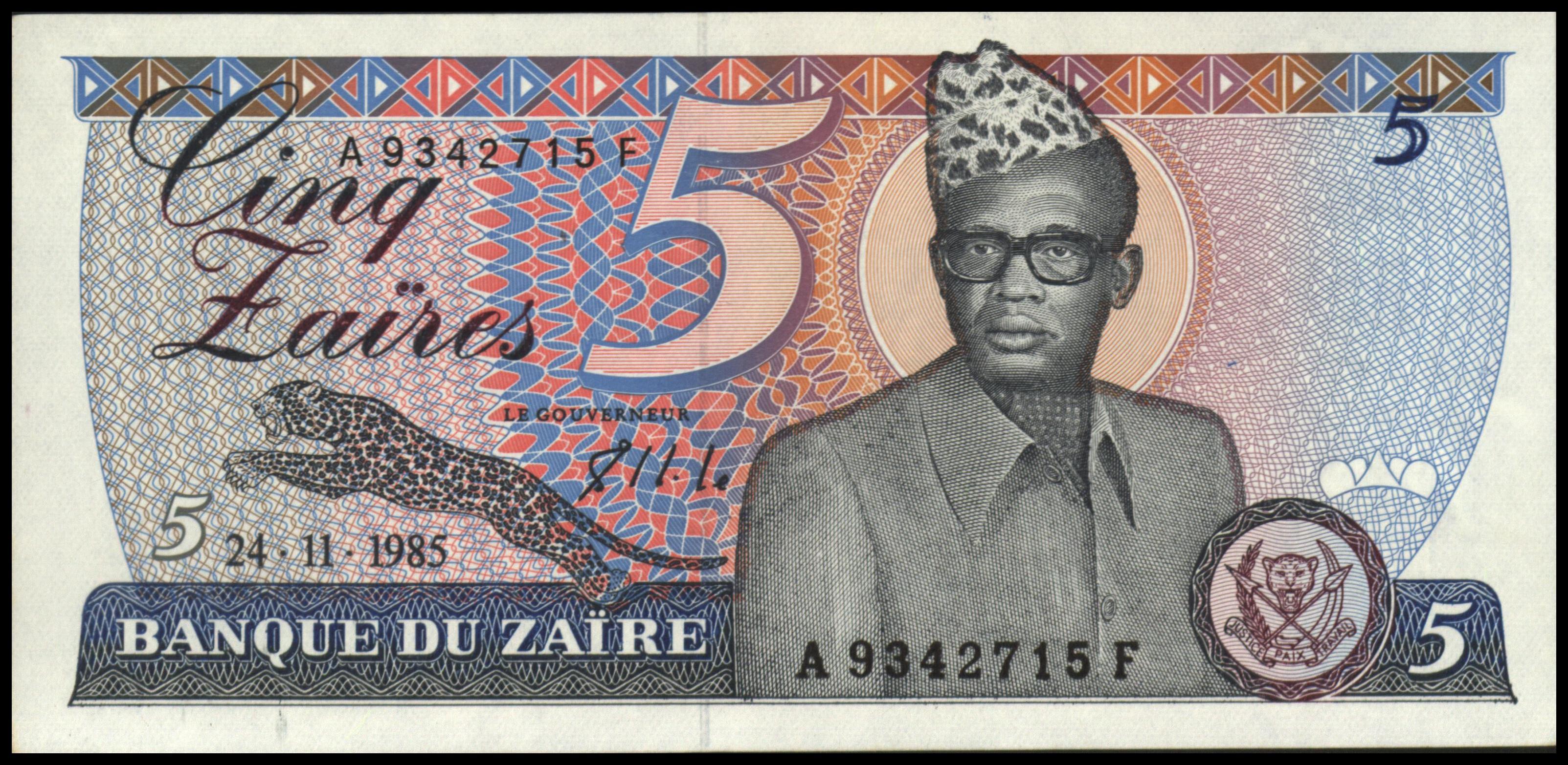 Zaïre (Congo Kinshasa)  P26A 5 Zaïres 1985