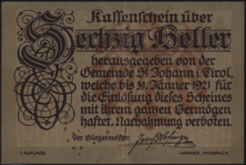 Oostenrijk - Noodgeld - St. Johann in Tirol KK: 898 60 Heller 1921