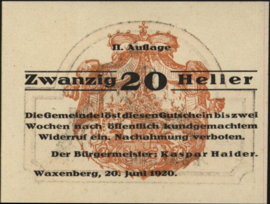 Oostenrijk - Noodgeld - Waxenberg KK. 1144 20 Heller 1920