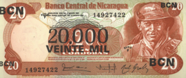 Nicaragua P147 20,000 Córdobas on 20 Córdobas 1987 (No date)