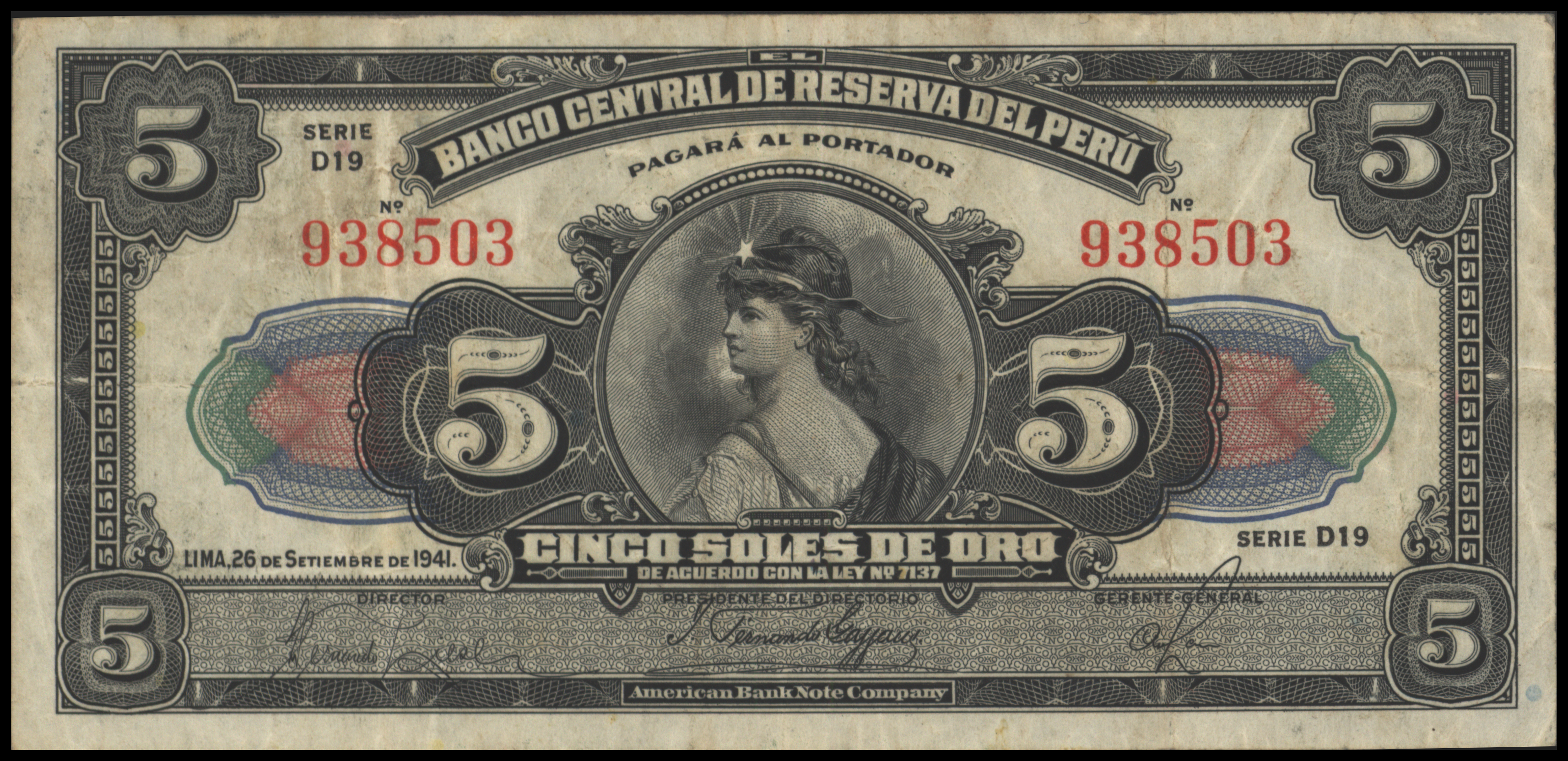 Peru  P66A.a 5 Soles de oro 1941