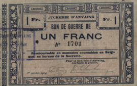Belgium - Emergency issues - Anvaing  1 Franc 1914