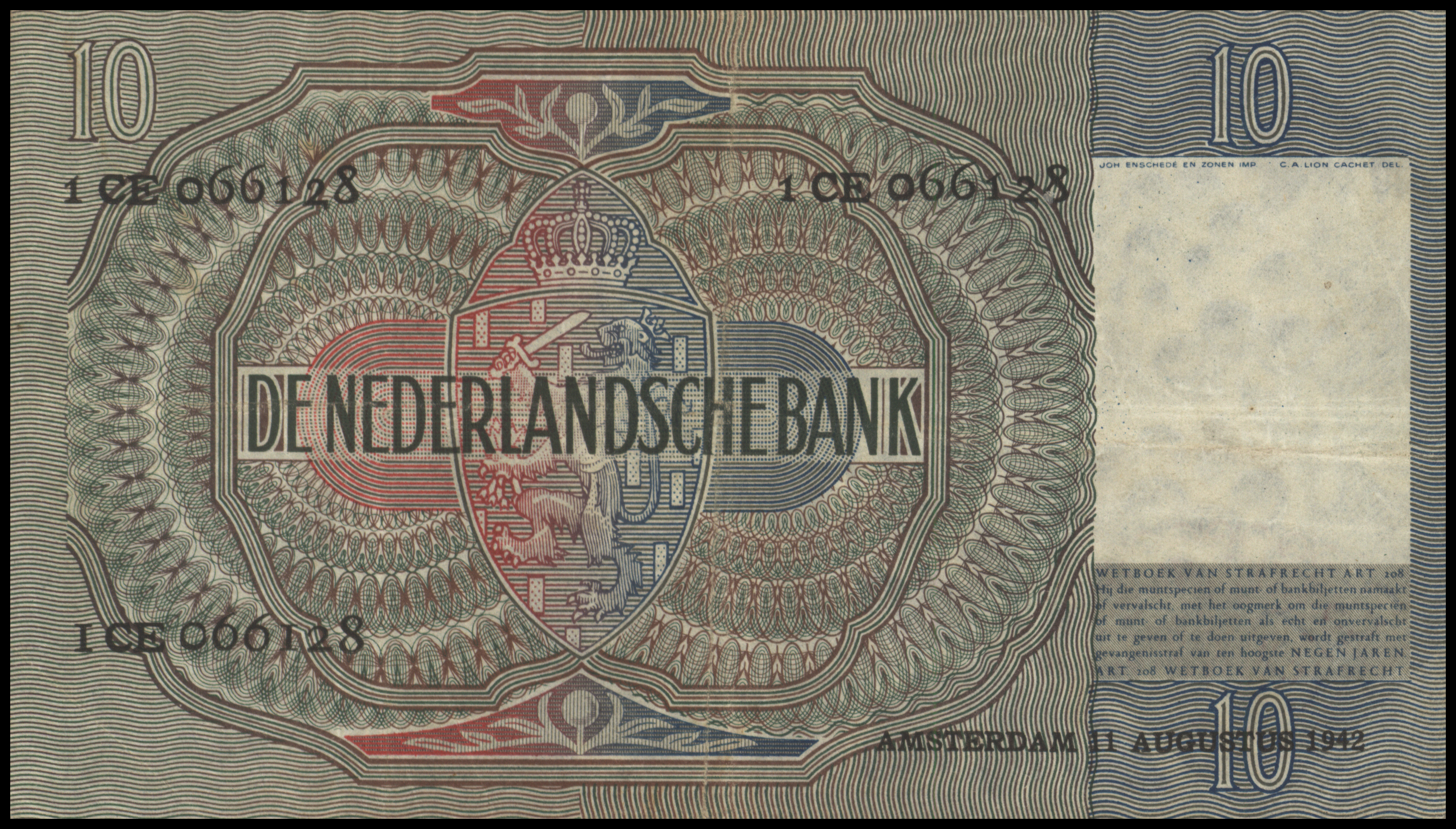 Netherlands  PL38.b 10 Gulden 1942