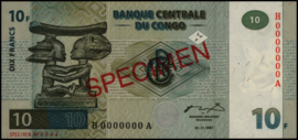 Congo Democratic Republic (Kinshasa)  P87 10 Francs 1997 SPECIMEN