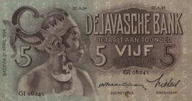 Nederlands Indië 1816-1942 - Seri Wayang. Batavia 1934-1939  PLNI23.1.a 5 Gulden 1934