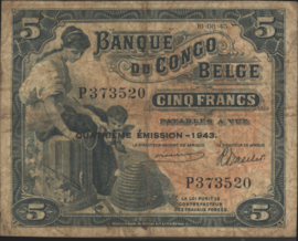 Congo Belgium  P13A.b 5 Francs 1943