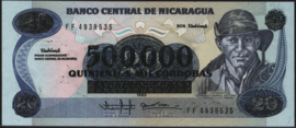 Nicaragua P163 500,000 Córdobas on 20 Córdobas 1990 (No date)