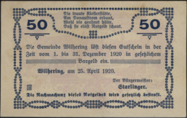 Oostenrijk - Noodgeld - Wilhering KK. 1236.I 50 Heller 1920