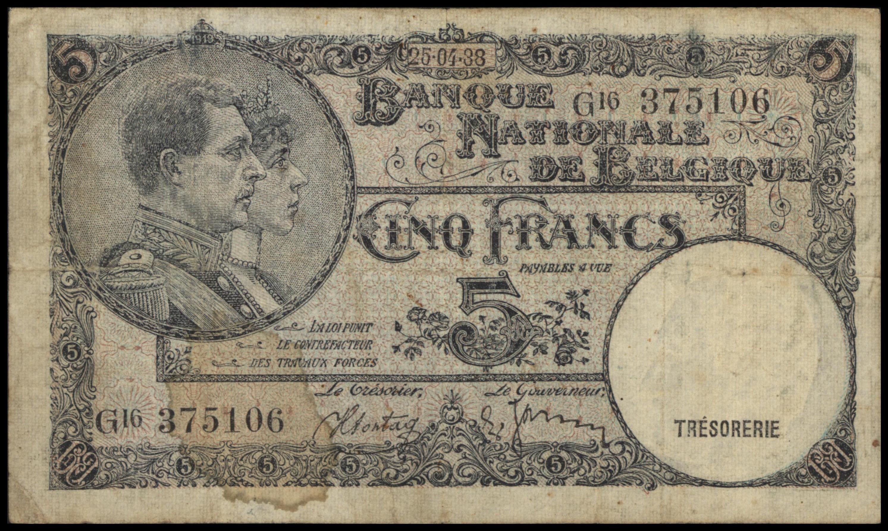 Belgium P108.a 5 Francs 1938
