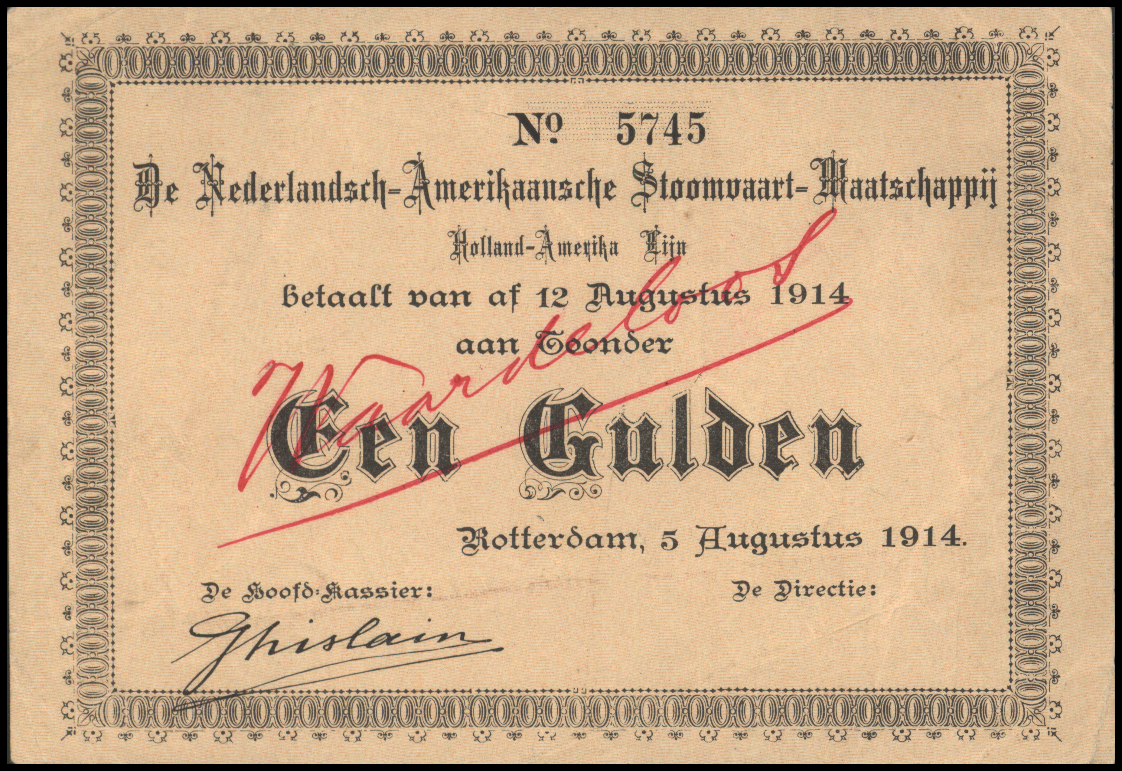 Rotterdam, Nederlandsch-Amerikaansche StoomvaartMij. WO-I - Particulier noodgeld WO-I PL835.2.2.s 1 Gulden 1914 SPECIMEN CANCELLED